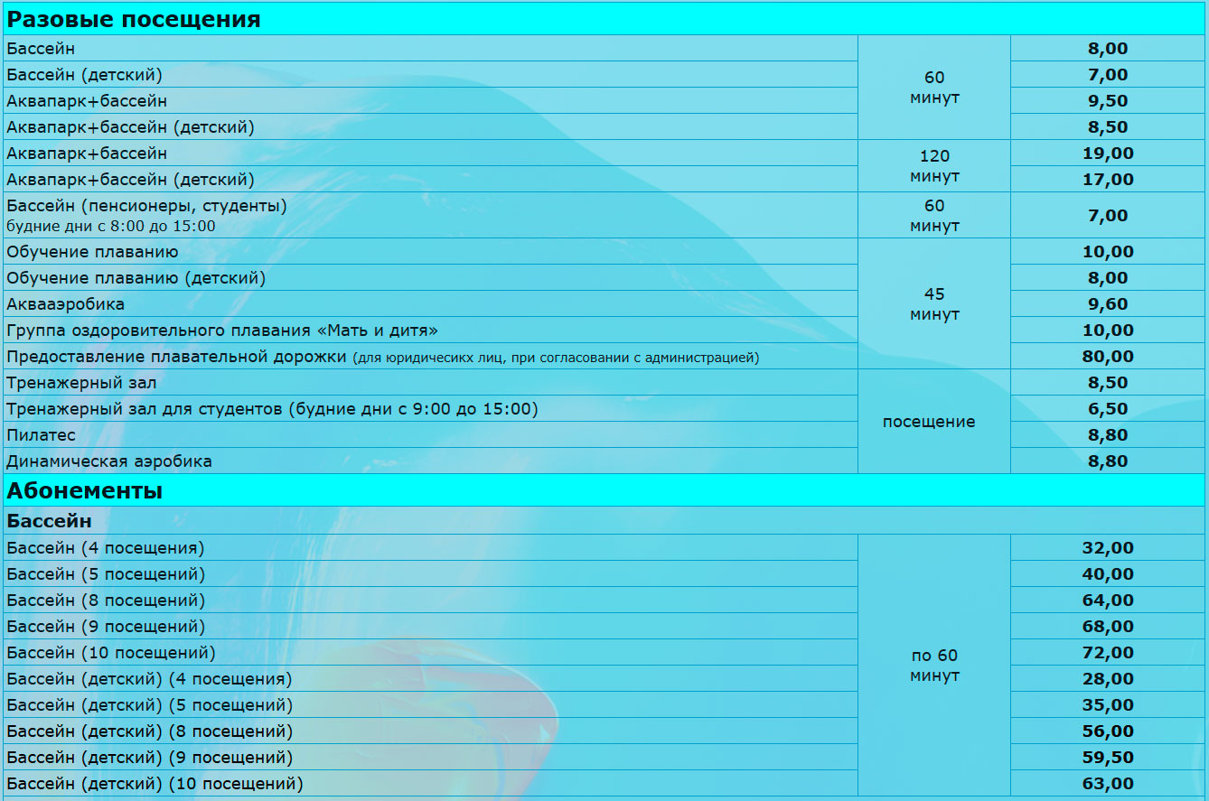 Цены в аквапарке в Гродно